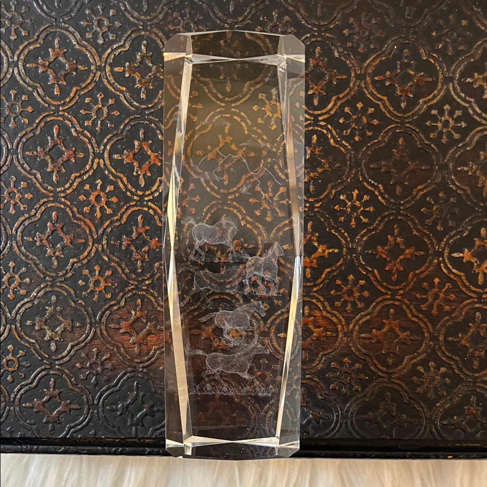 3D laser-etched imagery of running horses and mountains